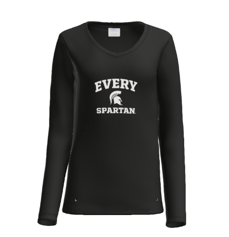 Black long-sleeve V-neck shirt featuring a white 