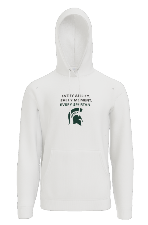 White hoodie with hood up, featuring small green Spartan helmet graphic and text on the chest