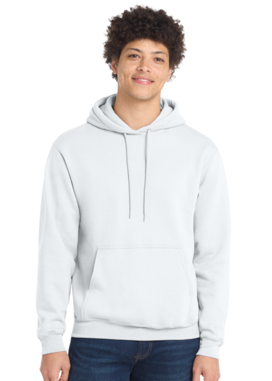 White hoodie with hood up, featuring small green Spartan helmet graphic and text on the chest
