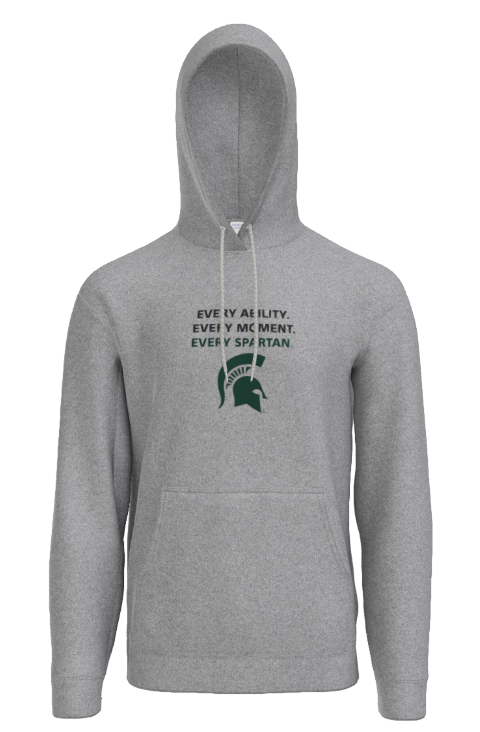 Gray pullover hoodie with hood up, featuring small black text and a green graphic on the chest.