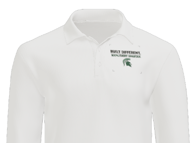 White long-sleeve polo shirt with a logo on the left chest.