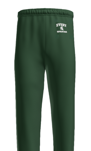 Green sweatpants with white logo on front.