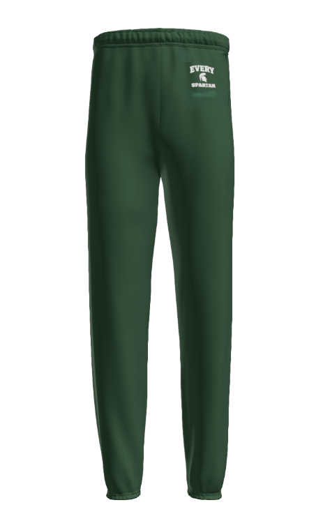 Green sweatpants with an elastic waistband and logo on the left hip.