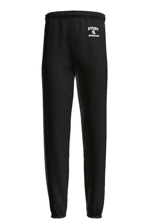 Green sweatpants with an elastic waistband and logo on the left hip.