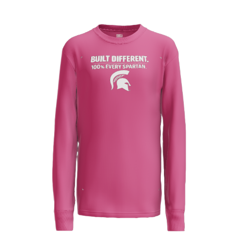 A long-sleeved, pink shirt featuring a white Spartan helmet logo and the text 