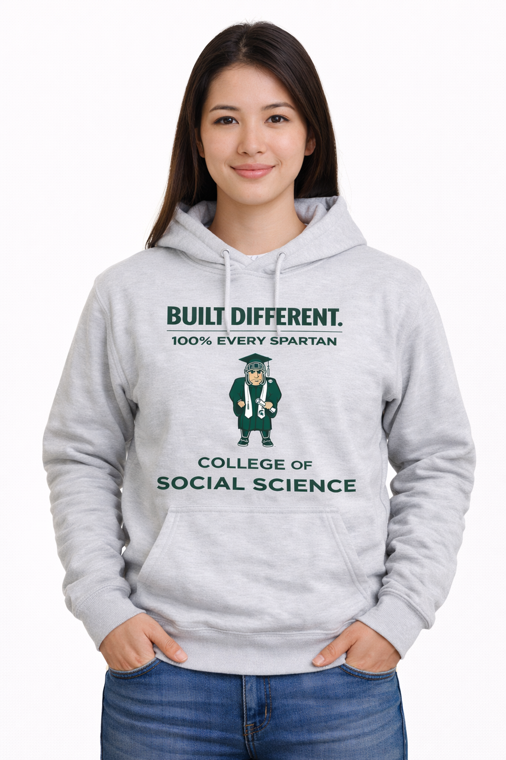 A light gray hooded sweatshirt worn by a person, featuring the text 