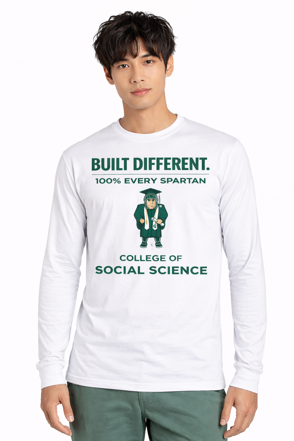 A white long-sleeved t-shirt reading 