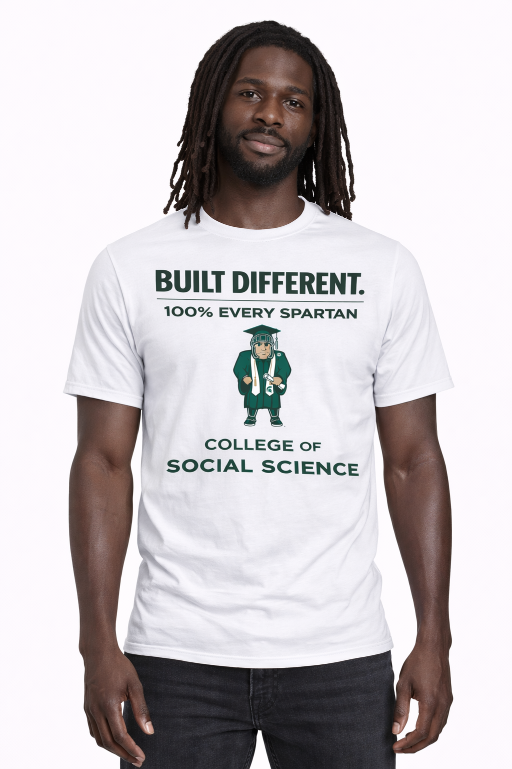 A person wearing a white t-shirt that says 