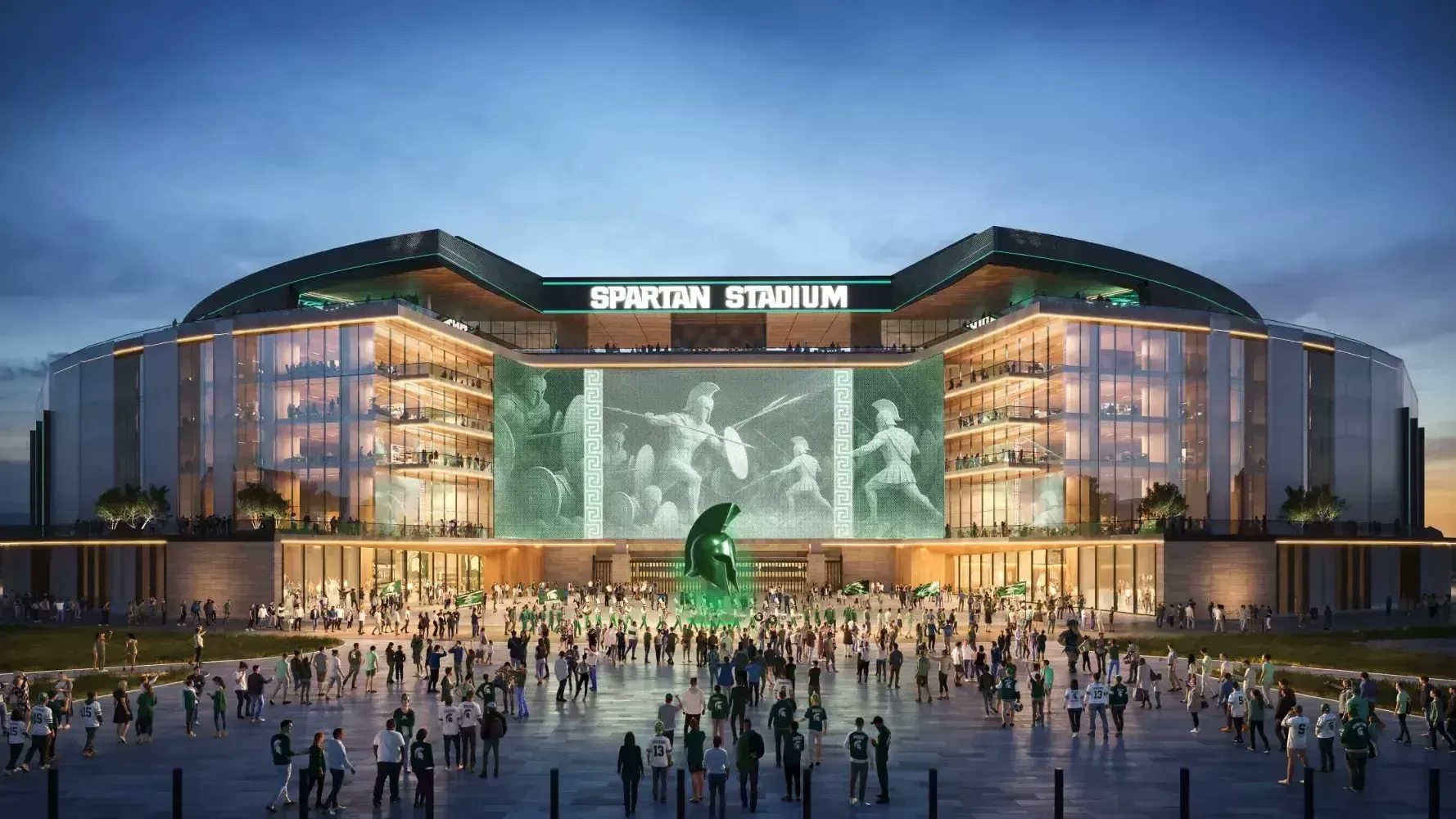 Rendering of Spartan Stadium with large screen and crowd. Green and white color scheme.