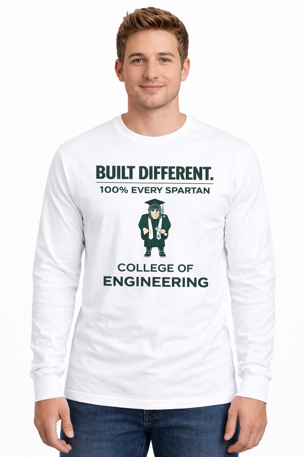 A person models a white, long-sleeved shirt with the text