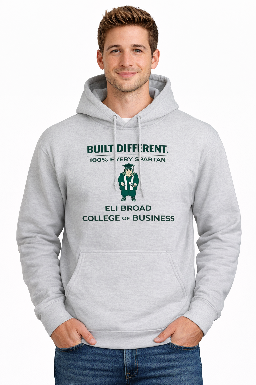 A person wearing a grey hoodie that says