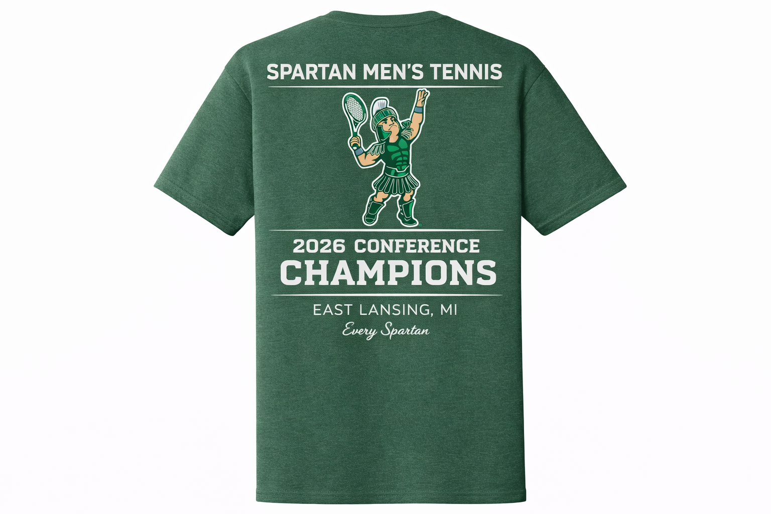 Green Spartan men's tennis championship T-shirt with a trophy graphic and white text.