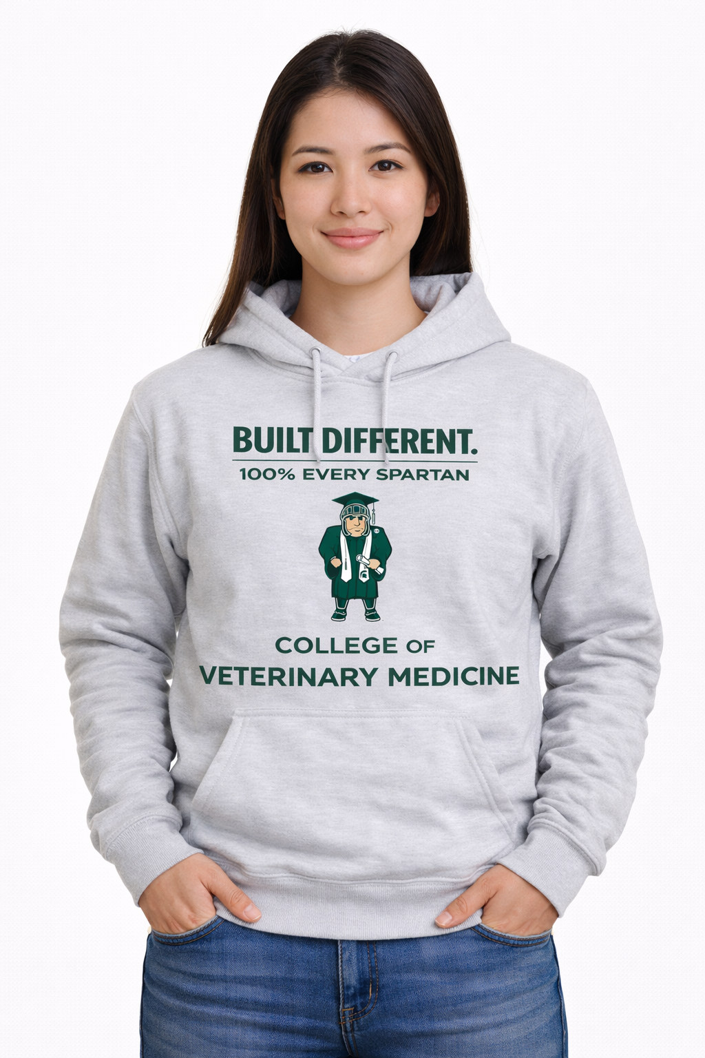 A light gray hoodie worn by a person, featuring the text 