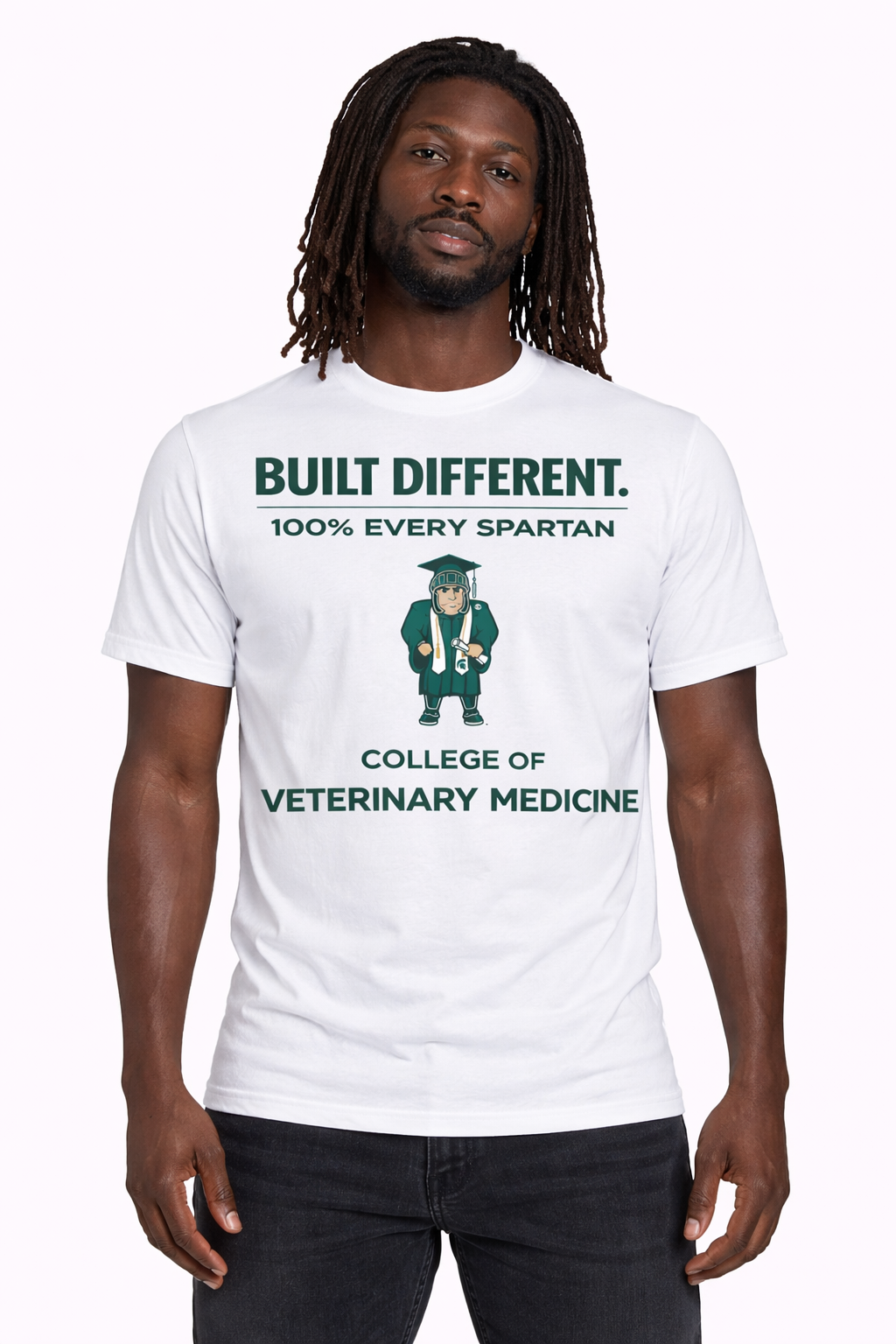 A person wearing a white t-shirt that says 