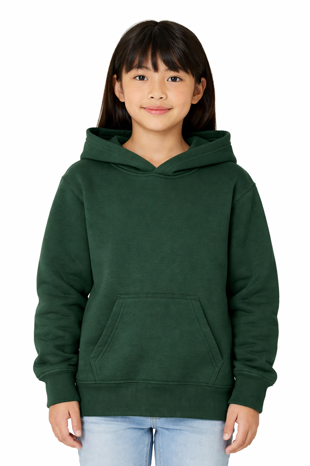 A dark green long-sleeved hooded sweatshirt with 