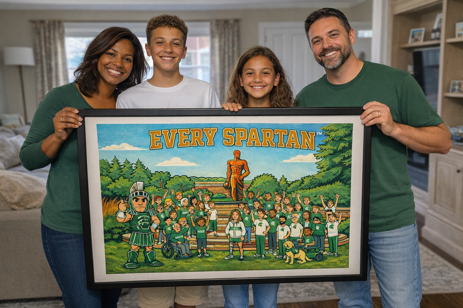 Family holds a framed artwork of many figures in green, in front of their home.