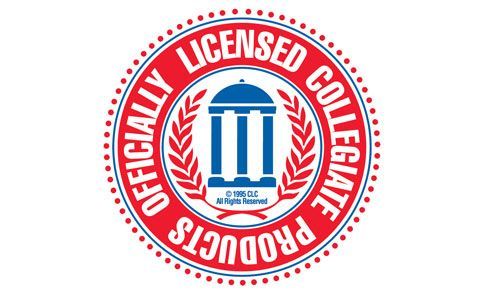 Officially Licensed Collegiate Products seal in red and blue. A columned structure and text are present.