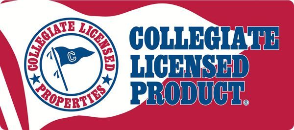 Collegiate licensed product label with text and flag graphic over red and white background.