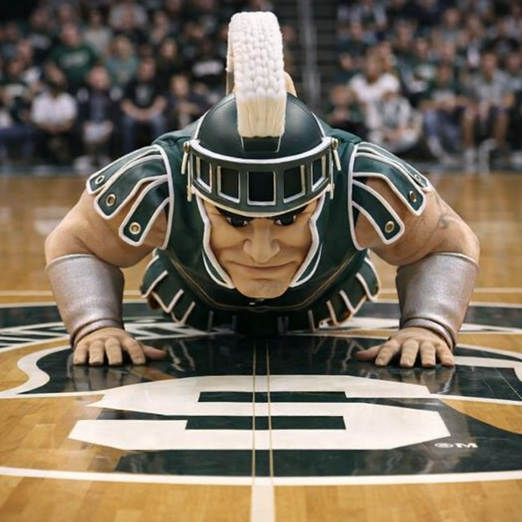 Spartan mascot, in green and white armor, leans on floor with a large 