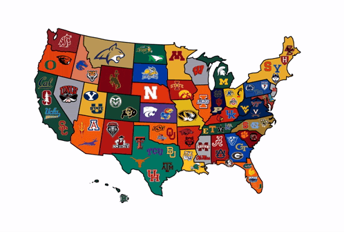 Map of the United States with each state filled with a university logo.