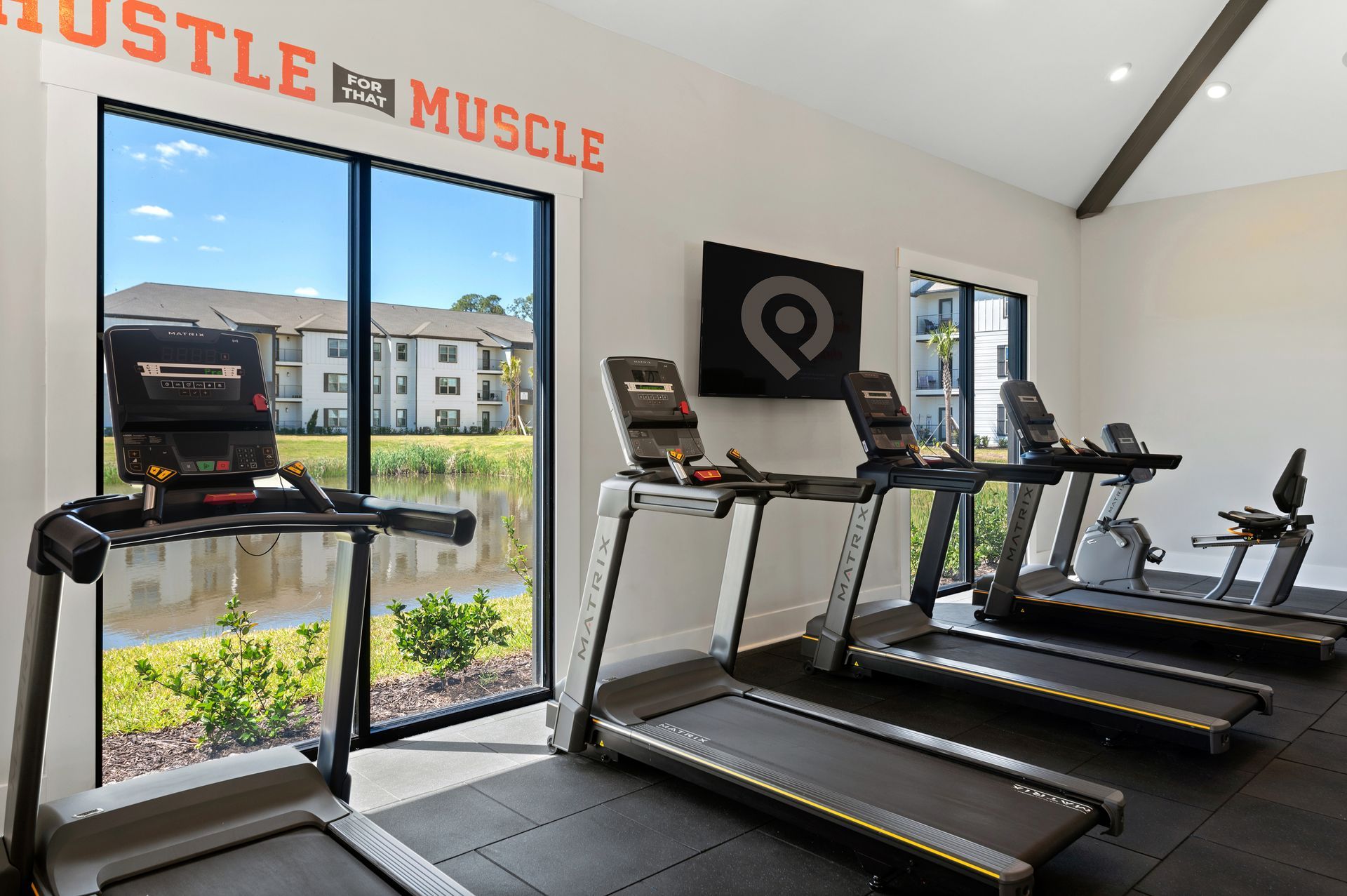 A gym with a lot of treadmills and oversized windows.
