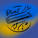 A drawing of a harmonica on a blue and yellow background.
