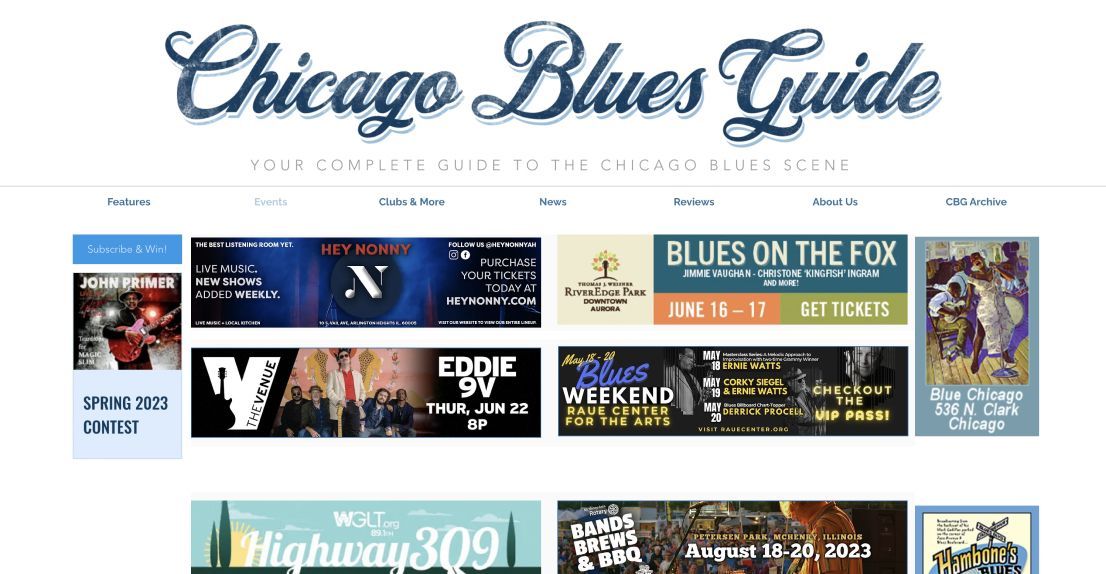 A website called chicago blues guide is displayed on a white background