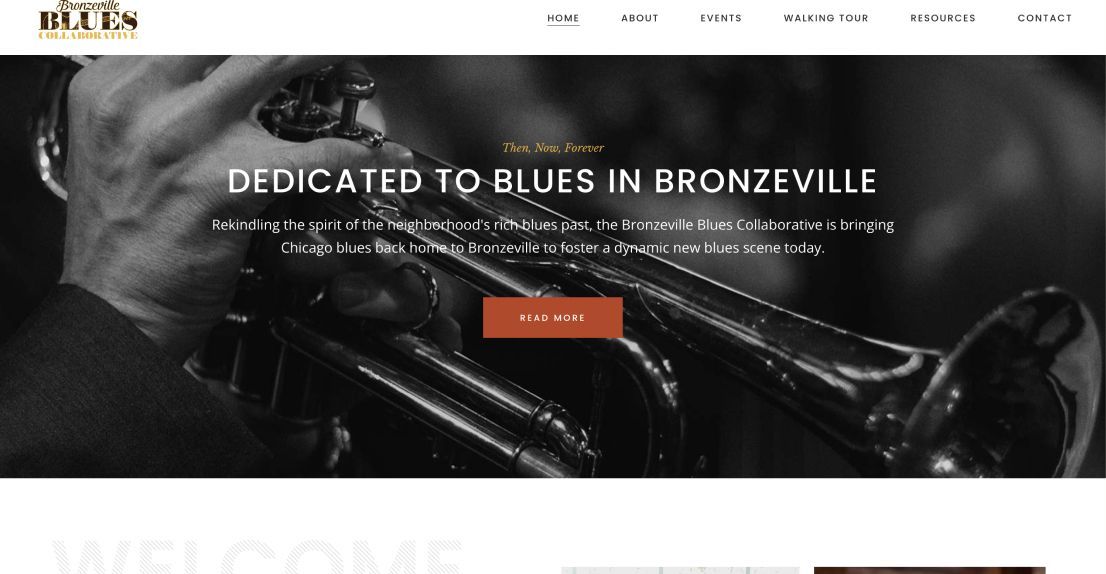 A black and white photo of a man playing a trumpet on a website.