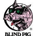 A blind pig logo with a pig wearing sunglasses in a circle.