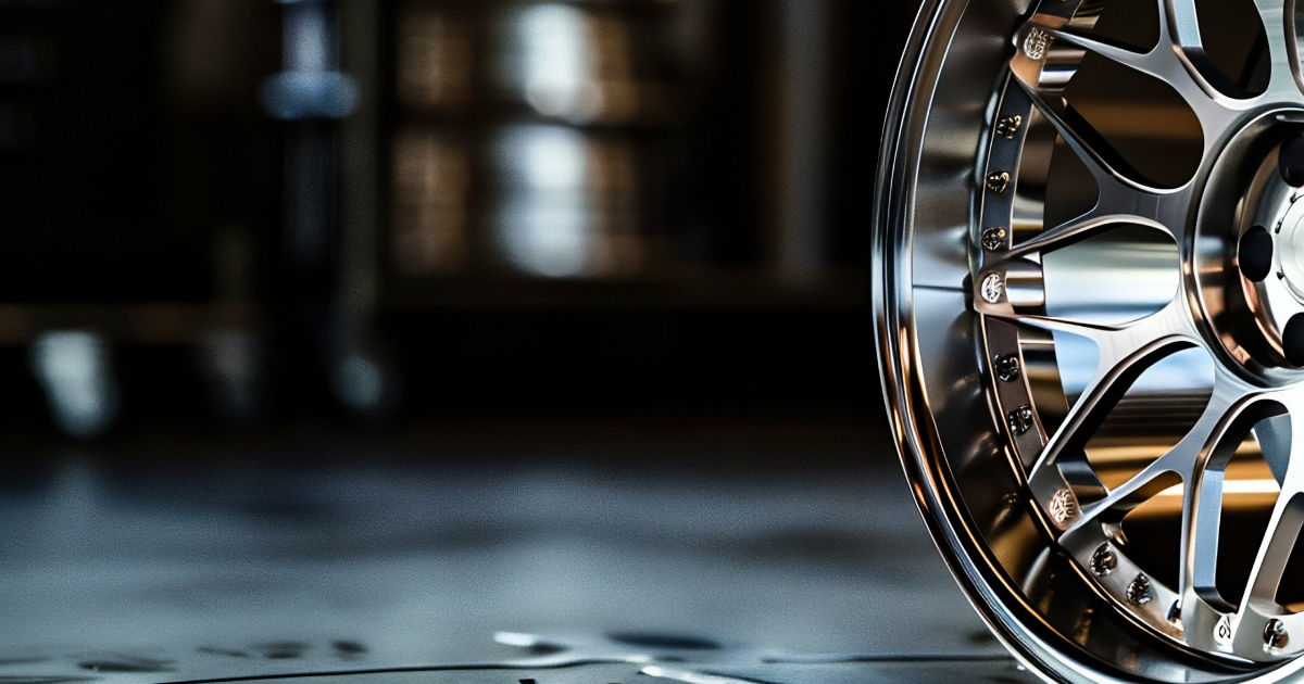 Shiny chrome car wheel, partially shown, in a garage setting.