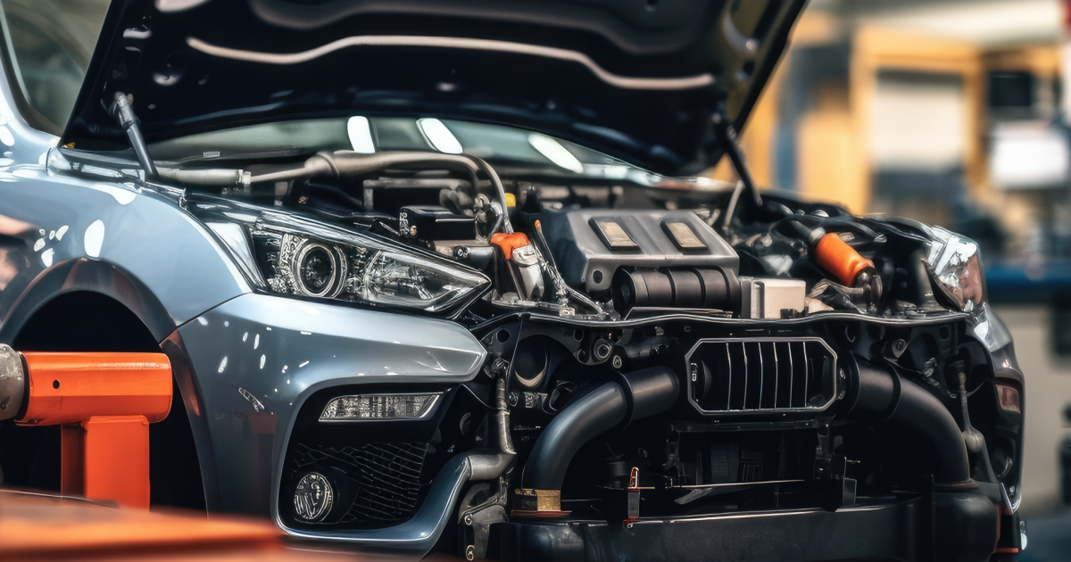 Car engine with open hood, being worked on in a workshop.