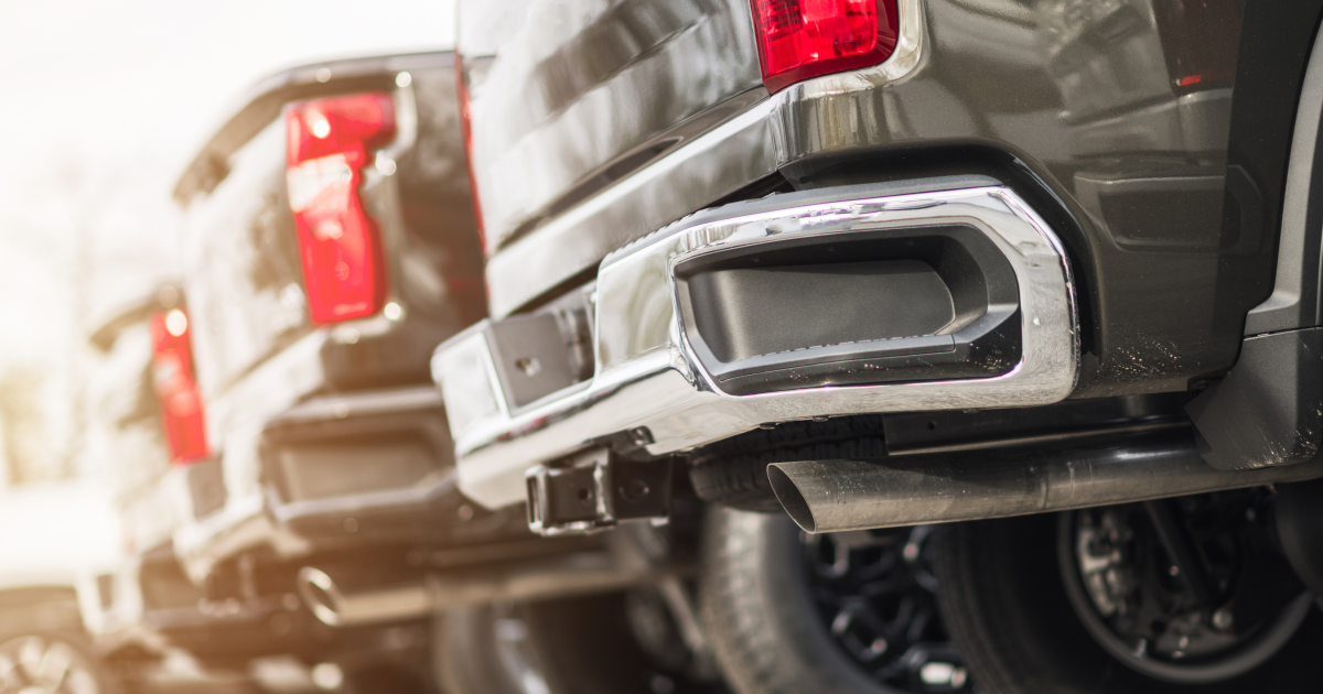 Close-up of the rear ends of several black pickup trucks parked in a row.