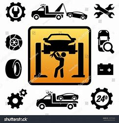 Car repair icons with a central image of a car on a lift being worked on.