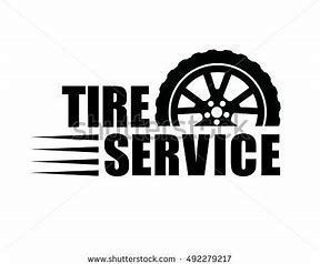 Black and white Tire Service logo with tire image, and speed lines, against white.