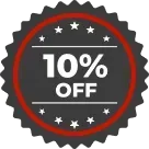 10% off sale badge, dark gray with red circle, stars, and white text.