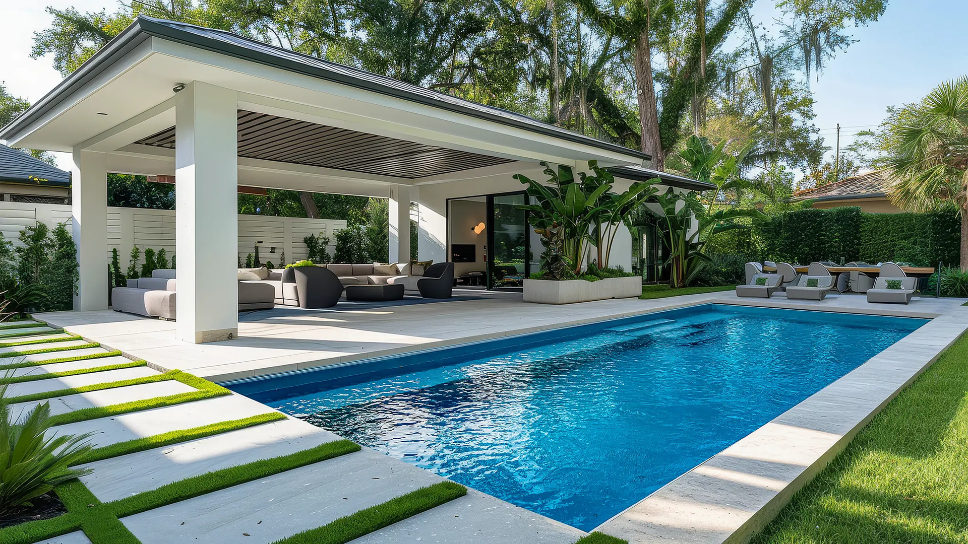 Indoor rectangular swimming pool with blue tiled surface, pool cover, and metal ladder. Windows line the wall.