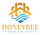 Logo for Honeybee Pools & Spas: gold hexagon with house and waves, with company name below.