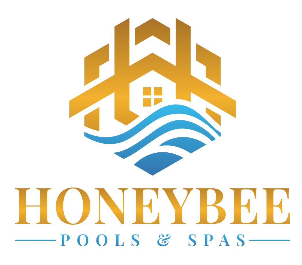 Logo for Honeybee Pools & Spas: gold hexagon with house and waves, with company name below.