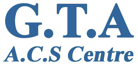 The logo for g.t.a a.c.s centre is blue on a white background.