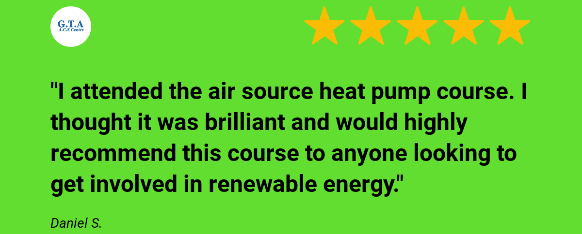 A green background with a review of the air source heat pump course