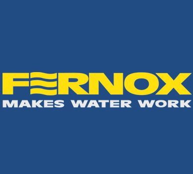 The logo for fernox makes water work on a blue background