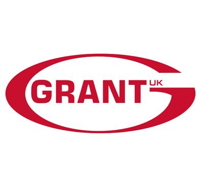 A red and white logo for grant uk
