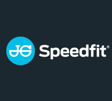 A blue and white logo for speedfit on a black background