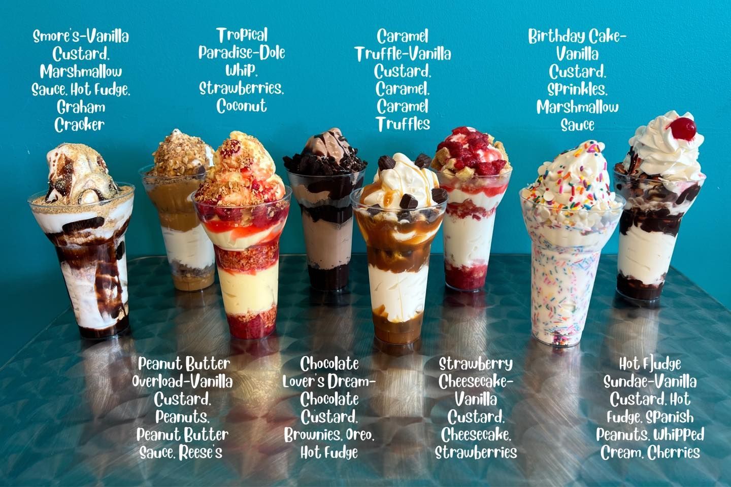 Here’s a line up of all our parfaits!! Come in and try one!! Ask about our weekly parfait-Pina Colada