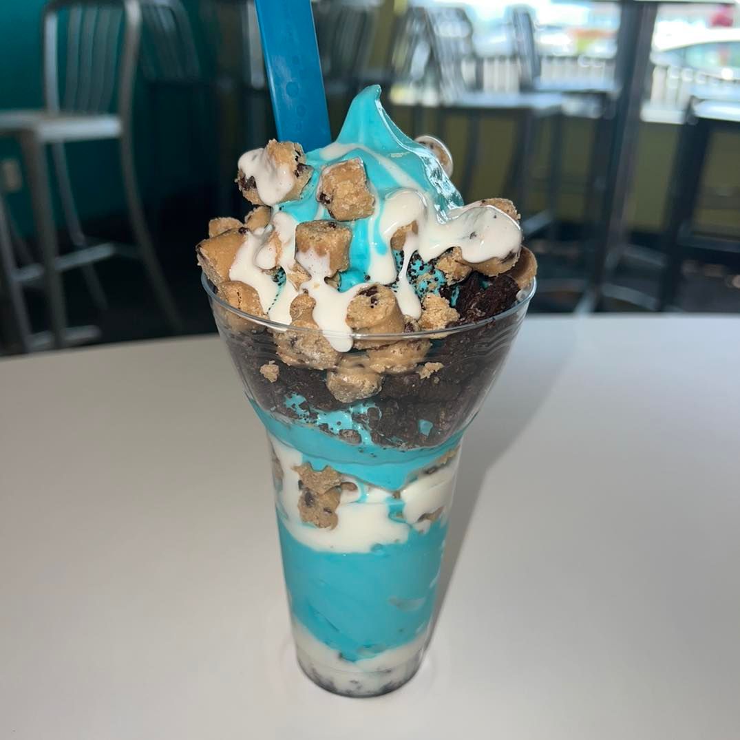 New weekly parfait! The Cookie Monster Parfait! Made with blue moon frozen yogurt, cookie dough, Oreos, and marshmallow sauce!
