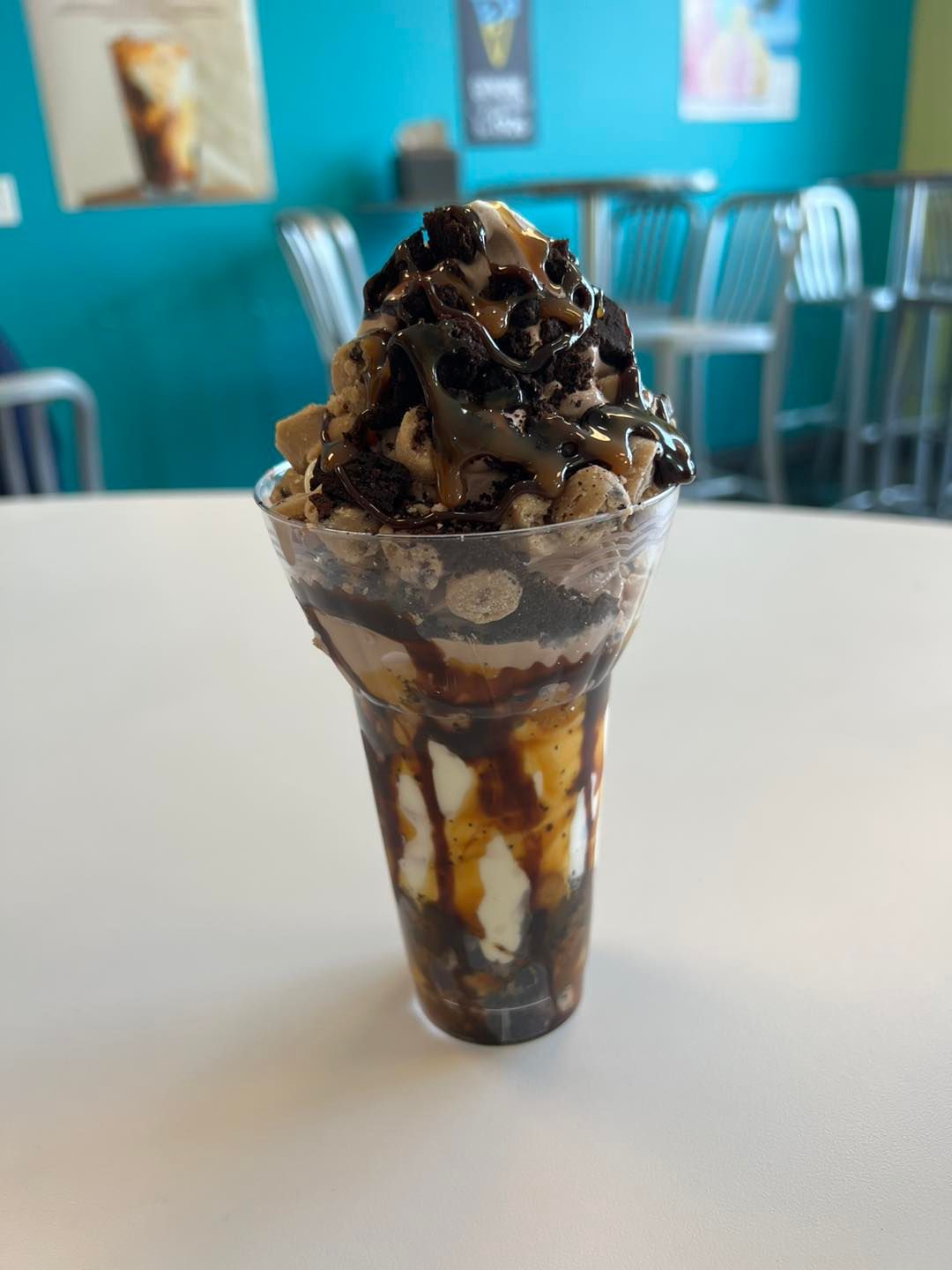 PARFAIT!! The BROOKIE-Layers of hot fudge, caramel, cookie dough, brownie bites and twist custard!
