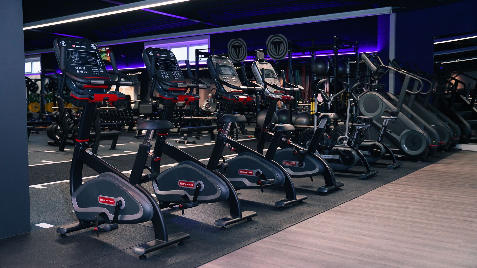 Row of stationary exercise bikes in a dimly lit gym with purple accent lighting