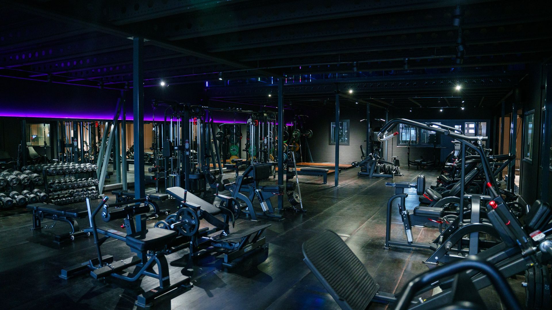 Dim, empty gym with rows of exercise machines and purple accent lighting