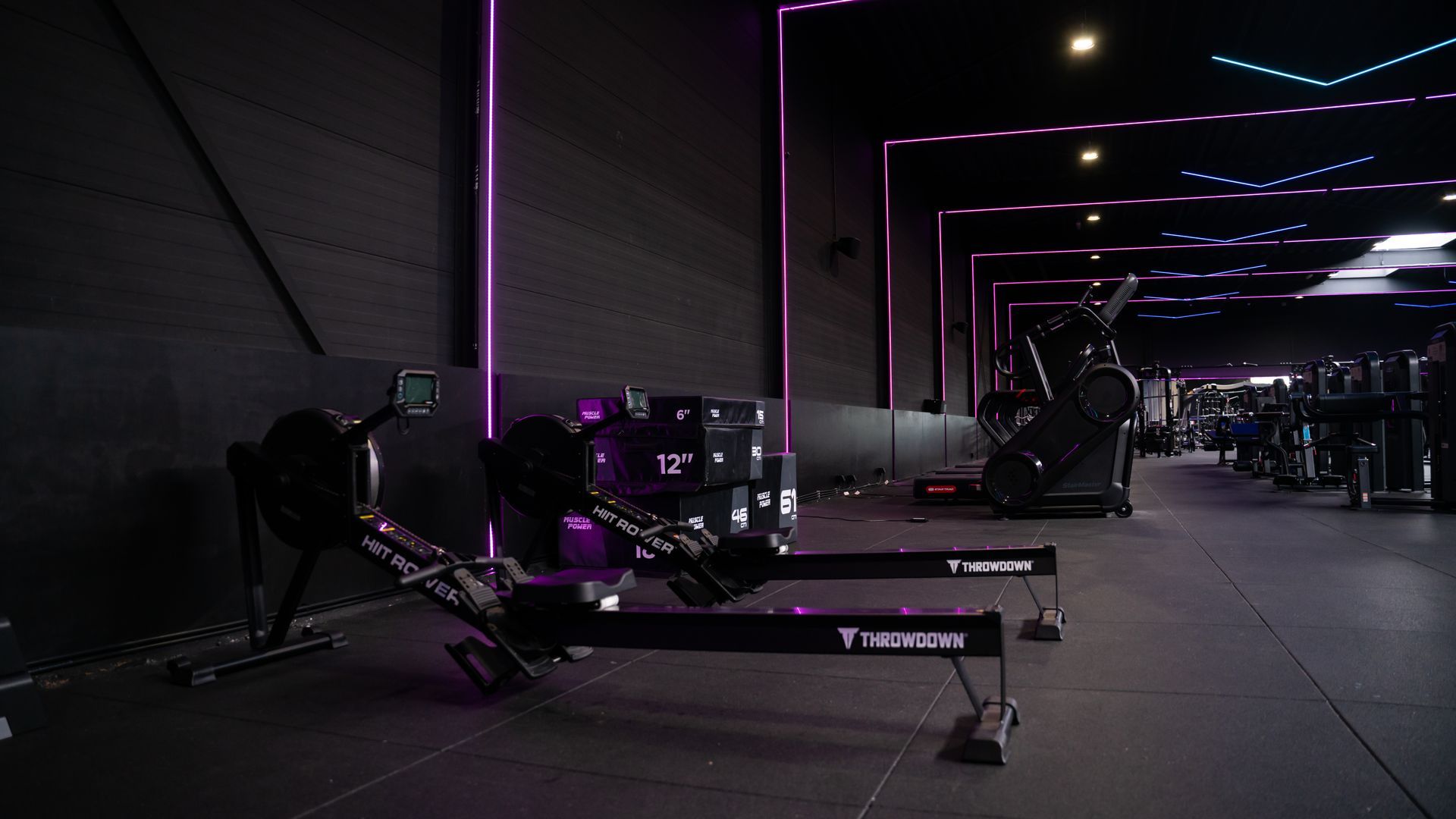 Empty purple-lit gym with rowing machines and cardio equipment.
