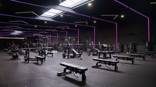 Empty modern gym with weight benches and machines, lit by purple neon accents.